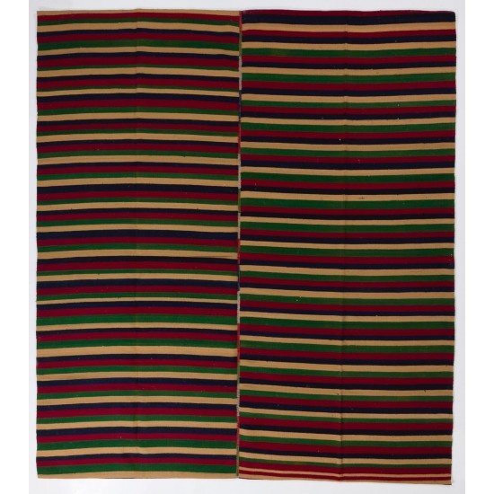 Hand-Woven Vintage Banded Wool Kilim, Flat-Weave Rug