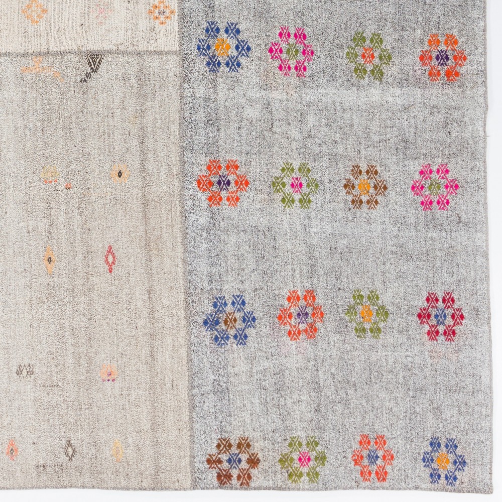 Handwoven Turkish Kilim, Cotton and Goat Hair Flatweave Rug with Colorful Floral Motifs, Adjustable Size