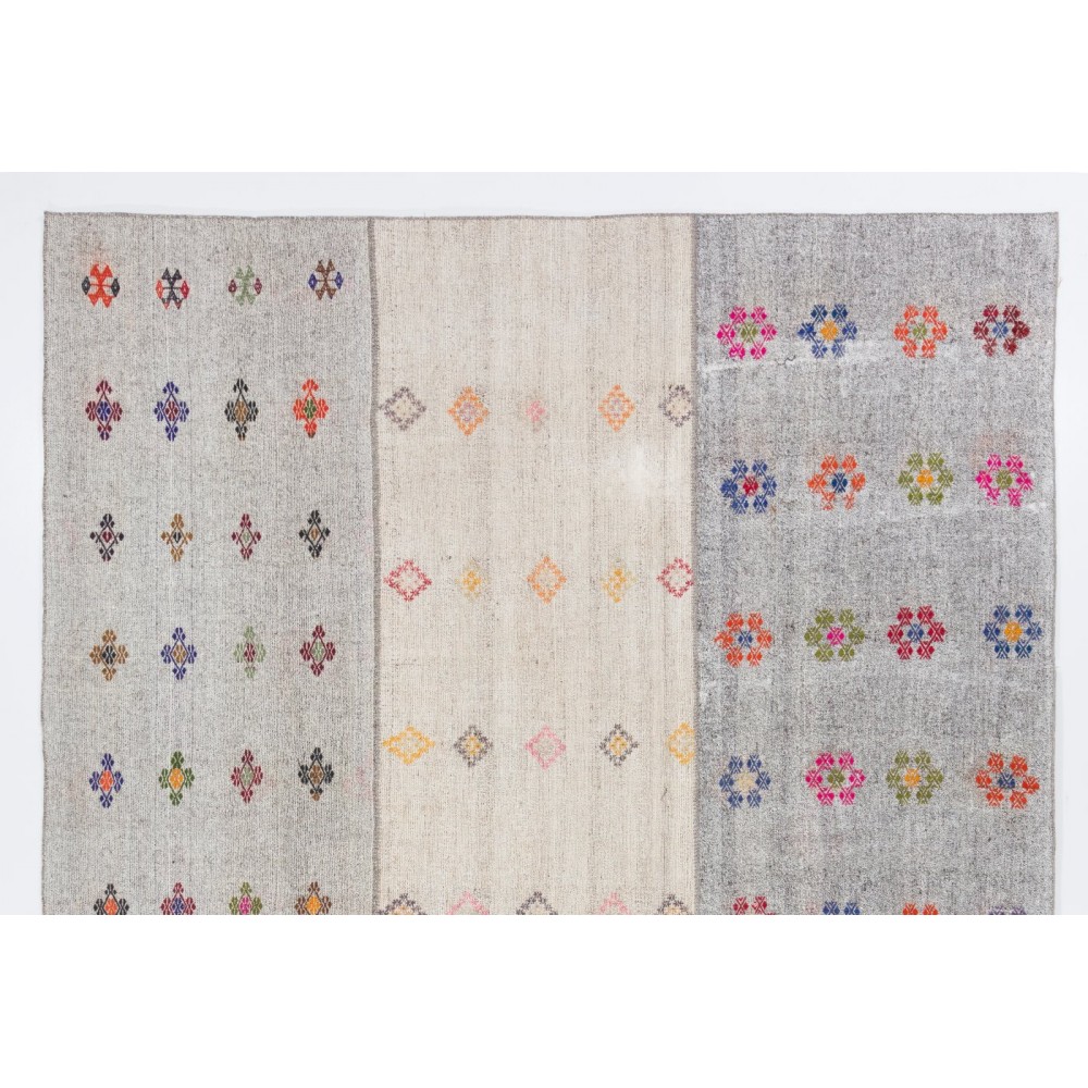 Cotton and Goat Hair Kilim with Colorful Flowers