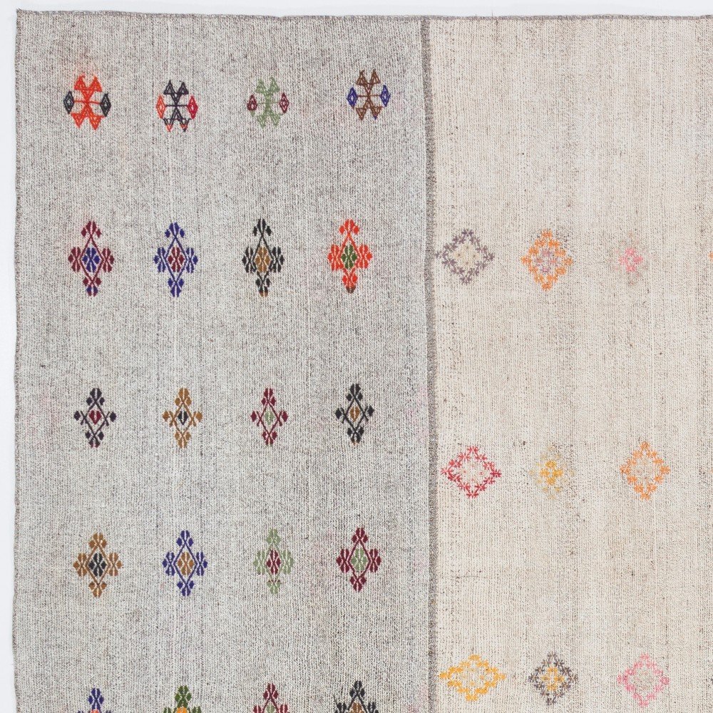 Handwoven Turkish Kilim, Cotton and Goat Hair Flatweave Rug with Colorful Floral Motifs, Adjustable Size
