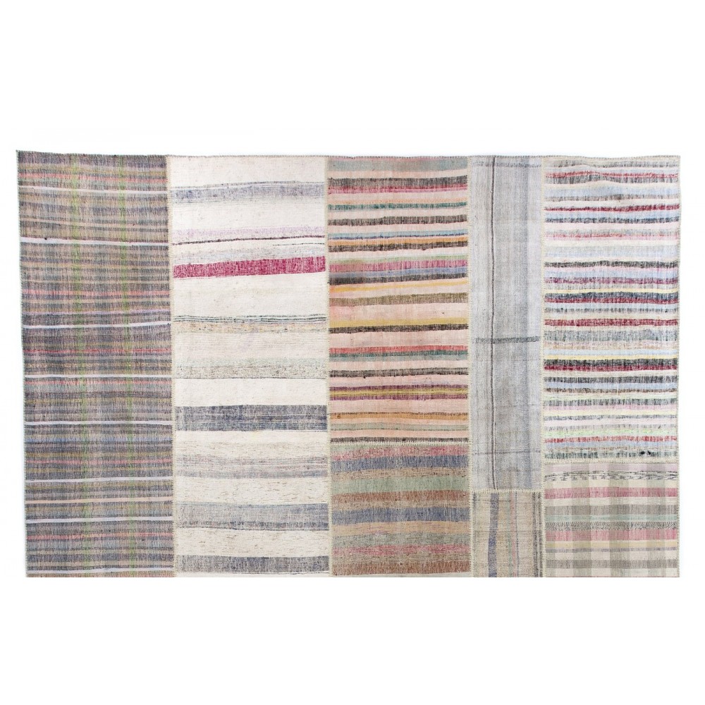 Large Vintage Cotton Anatolian Rag Rug, Hand-Woven Kilim with Striped Design