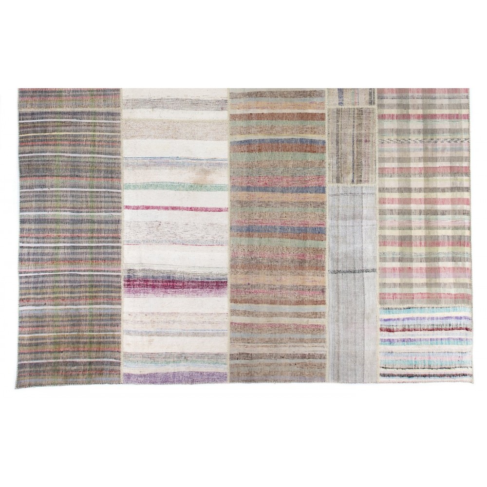 Large Vintage Cotton Anatolian Rag Rug, Hand-Woven Kilim with Striped Design