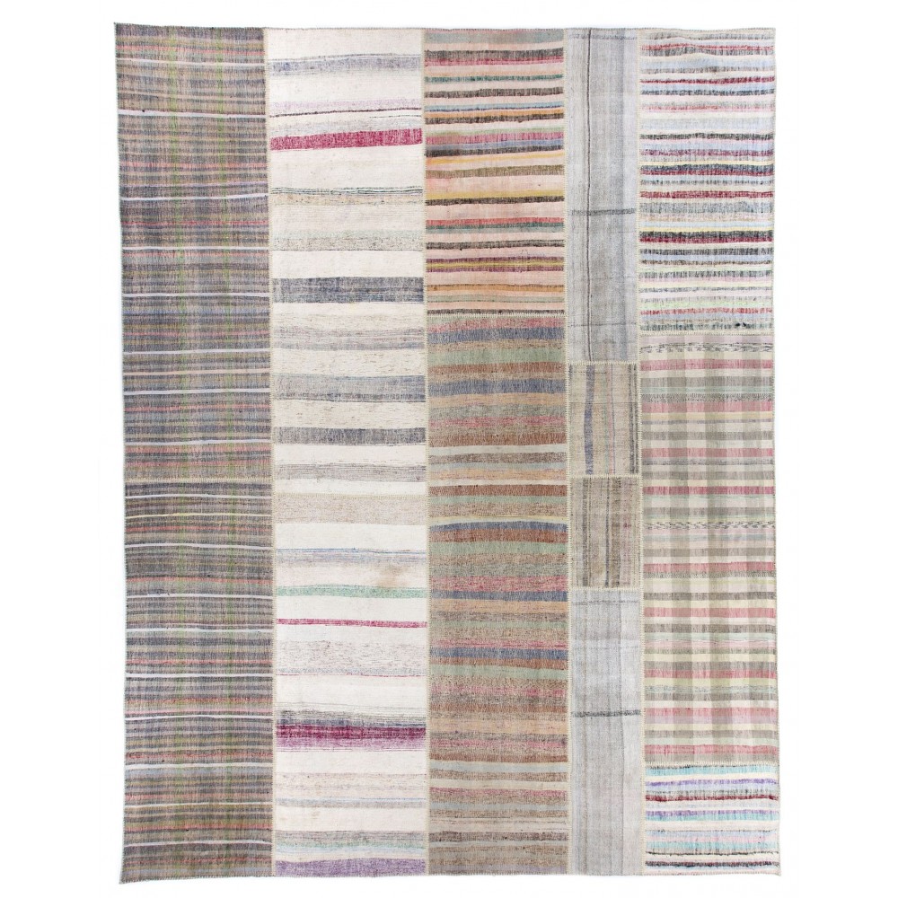 Large Vintage Cotton Anatolian Rag Rug, Hand-Woven Kilim with Striped Design