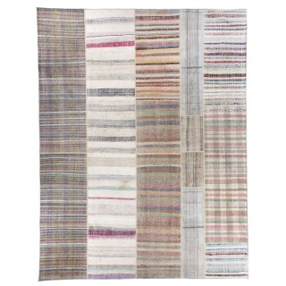 Large Vintage Cotton Anatolian Rag Rug, Hand-Woven Kilim with Striped Design