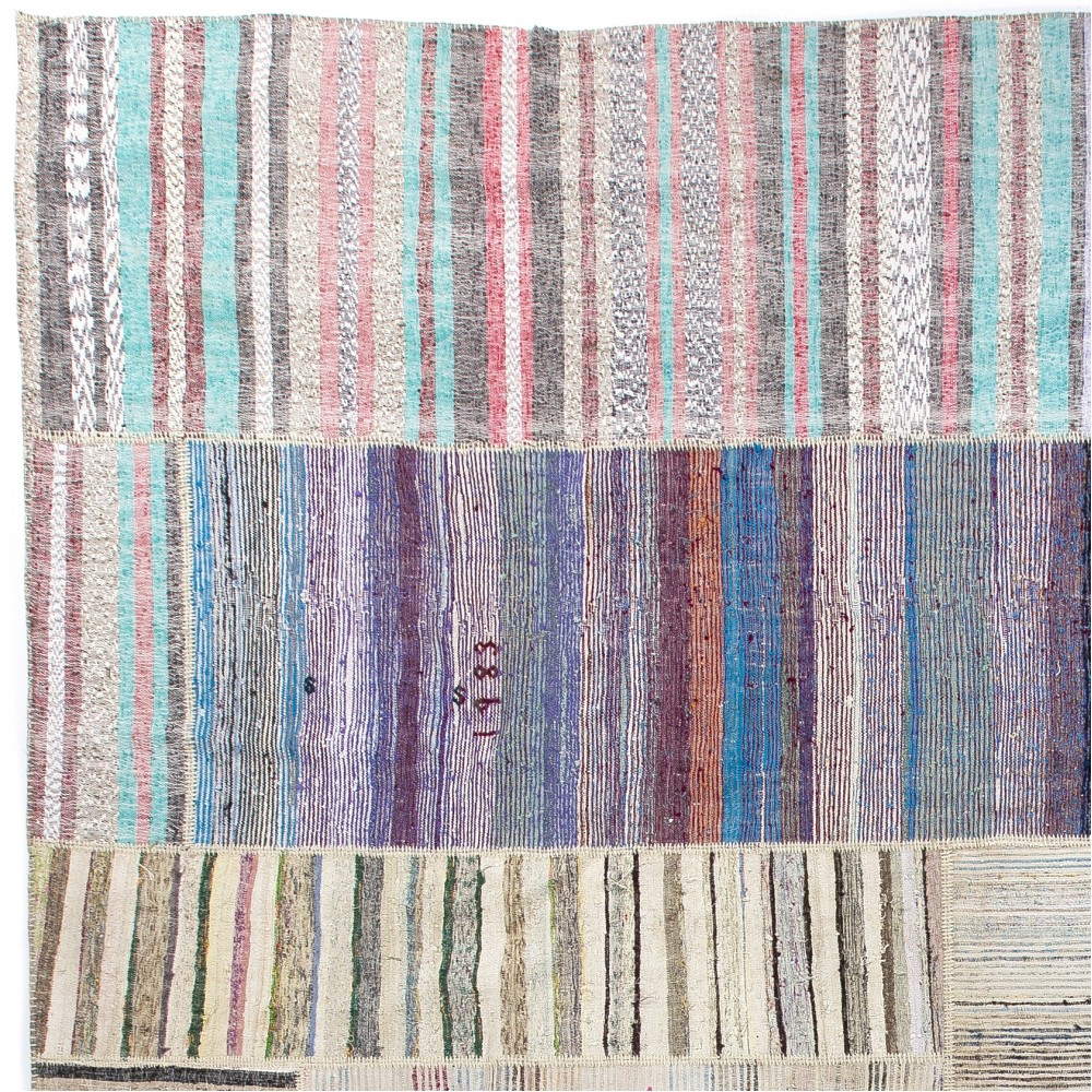 Oversize Vintage Handwoven Turkish Kilim, Striped Cotton Flatweave Rag Rug, Adjustable Size