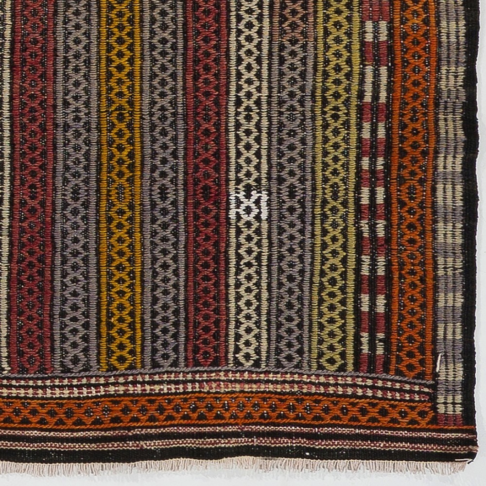 Vintage Turkish Jijim Prayer Kilim, Striped Mihrab Design Flatweave Rug in Orange, Olive and Burgundy