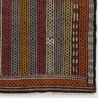 Vintage Turkish Jijim Prayer Kilim, Striped Mihrab Design Flatweave Rug in Orange, Olive and Burgundy