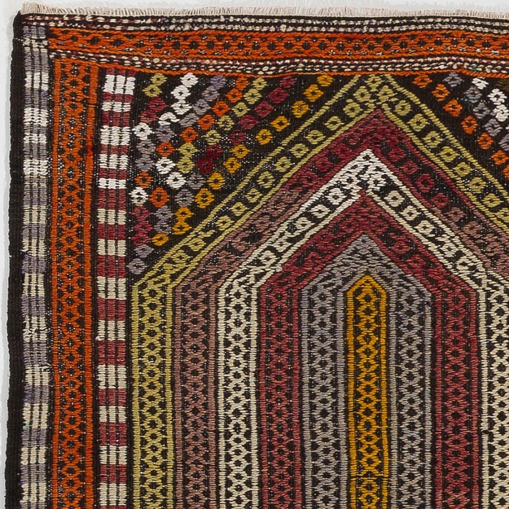 Vintage Turkish Jijim Prayer Kilim, Striped Mihrab Design Flatweave Rug in Orange, Olive and Burgundy