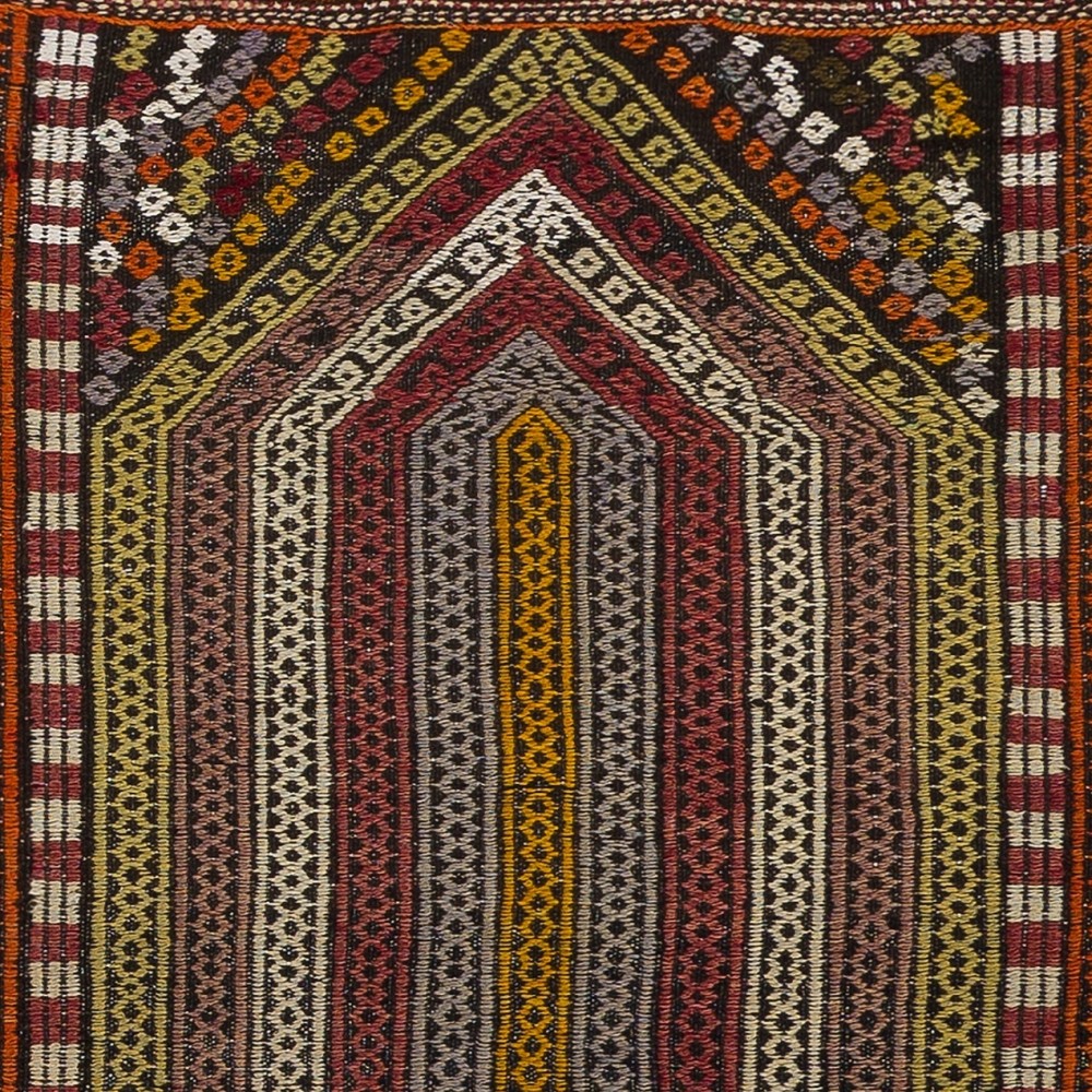 Vintage Turkish Jijim Prayer Kilim, Striped Mihrab Design Flatweave Rug in Orange, Olive and Burgundy