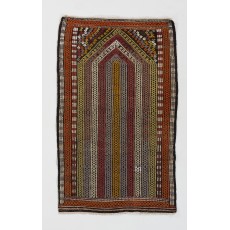 Vintage Turkish Jajim Kilim Prayer Rug with Striped Mihrab Design in Orange, Olive and Burgundy