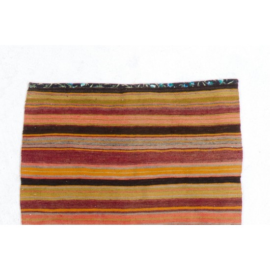 Colorful Vintage Striped Handwoven Turkish Kilim 'Flat-Weave', 100% Wool