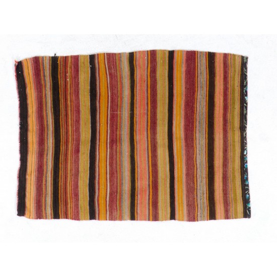 Colorful Vintage Striped Handwoven Turkish Kilim 'Flat-Weave', 100% Wool