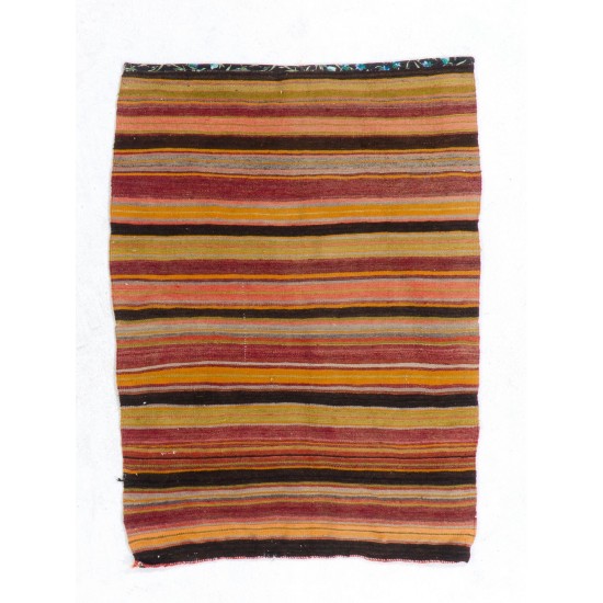 Colorful Vintage Striped Handwoven Turkish Kilim 'Flat-Weave', 100% Wool