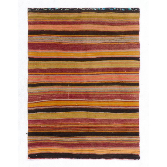 Colorful Vintage Striped Handwoven Turkish Kilim 'Flat-Weave', 100% Wool