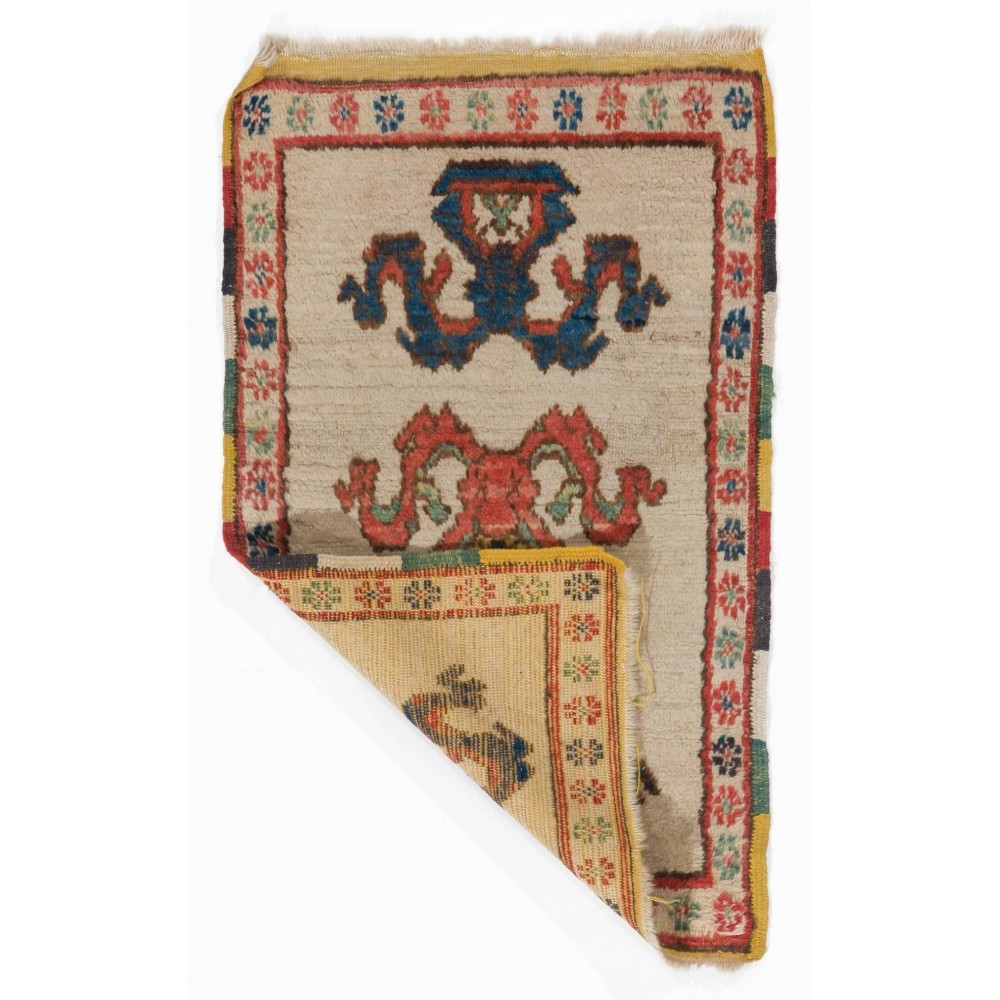 Semi Antique Rug with Colorful Border. Seat Cover or Door Mat. 100% Wool