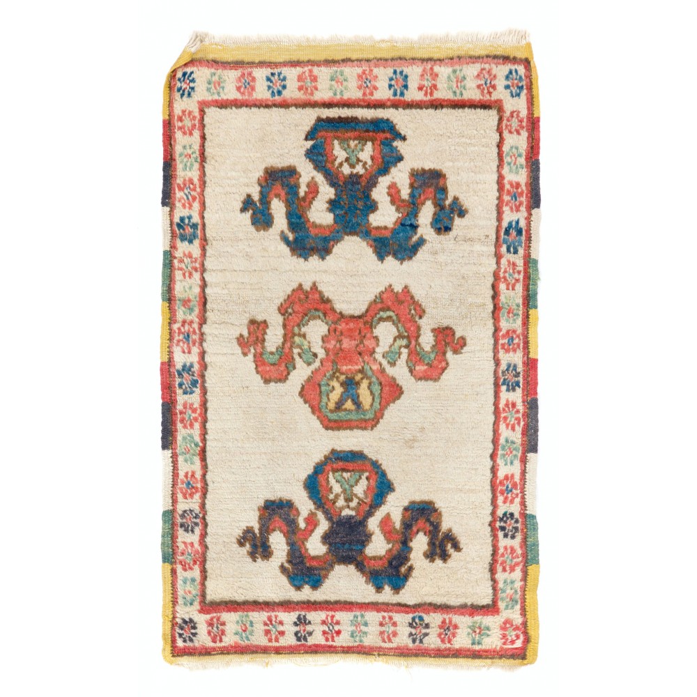 Semi Antique Rug with Colorful Border. Seat Cover or Door Mat. 100% Wool