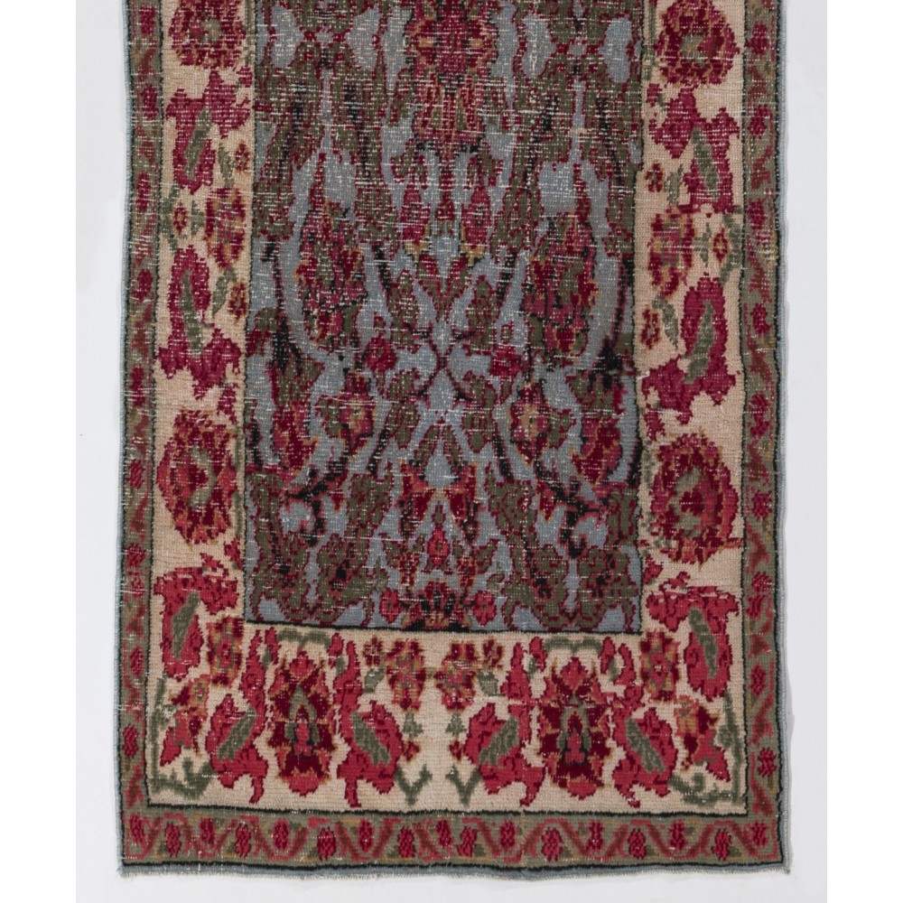 Handmade Floral West Anatolian Runner Rug on Sky Blue Ground