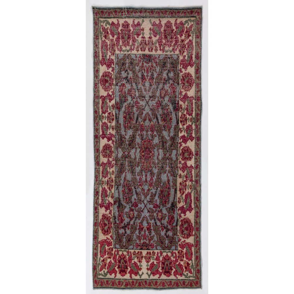 Handmade Floral West Anatolian Runner Rug on Sky Blue Ground