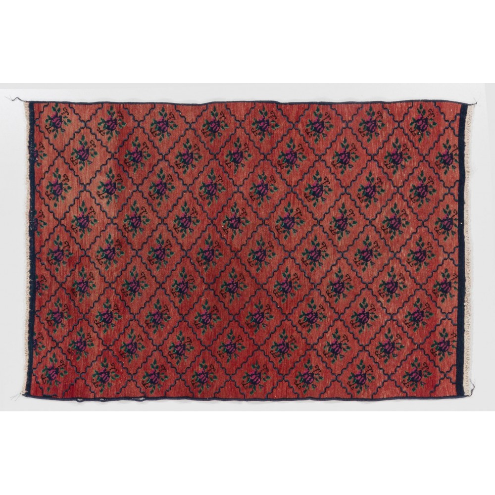 Vintage Handmade Turkish Karapinar Tulu Rug with interlocking flowers, 100% Wool