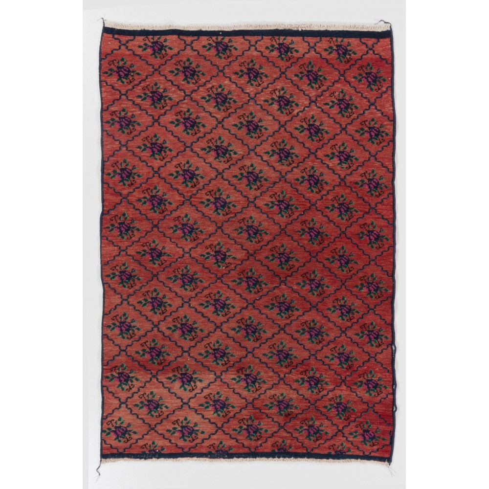 Vintage Handmade Turkish Karapinar Tulu Rug with interlocking flowers, 100% Wool
