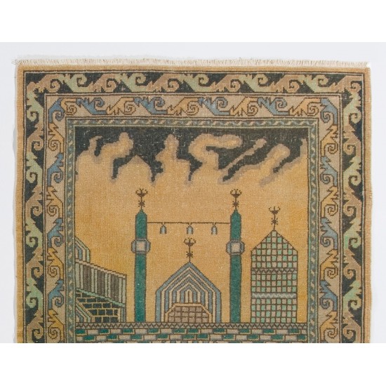 1940s Pictorial Prayer Rug from Konya, Inscribed as MEVLANA Rumi, Poet 1940s Pictorial Prayer Rug from Konya, Inscribed as MEVLANA Rumi, Poet