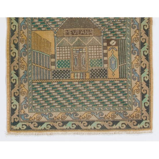 1940s Pictorial Prayer Rug from Konya, Inscribed as MEVLANA Rumi, Poet 1940s Pictorial Prayer Rug from Konya, Inscribed as MEVLANA Rumi, Poet