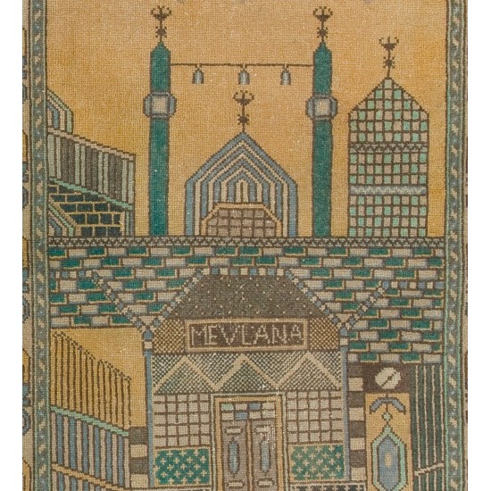 1940s Pictorial Prayer Rug from Konya, Inscribed as MEVLANA Rumi, Poet 1940s Pictorial Prayer Rug from Konya, Inscribed as MEVLANA Rumi, Poet