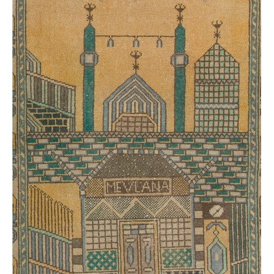 1940s Pictorial Prayer Rug from Konya, Inscribed as MEVLANA Rumi, Poet