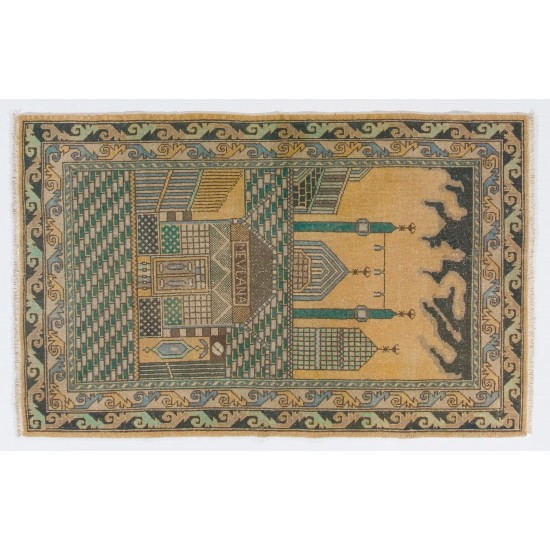 1940s Pictorial Prayer Rug from Konya, Inscribed as MEVLANA Rumi, Poet