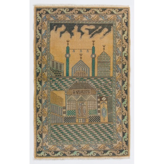 1940s Pictorial Prayer Rug from Konya, Inscribed as MEVLANA Rumi, Poet