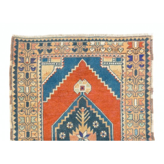 Hand-Knotted Turkish Konya Accent Rug. Vintage Carpet. Wool Floor Covering Hand-Knotted Turkish Konya Accent Rug. Vintage Carpet. Wool Floor Covering