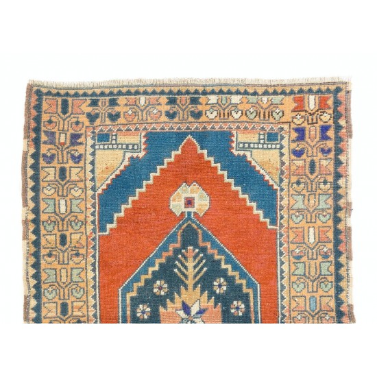 Hand-Knotted Turkish Konya Accent Rug. Vintage Carpet. Wool Floor Covering