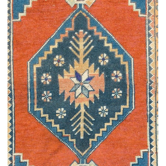 Hand-Knotted Turkish Konya Accent Rug. Vintage Carpet. Wool Floor Covering