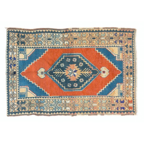 Hand-Knotted Turkish Konya Accent Rug. Vintage Carpet. Wool Floor Covering