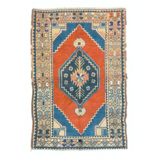 Hand-Knotted Turkish Konya Accent Rug. Vintage Carpet. Wool Floor Covering