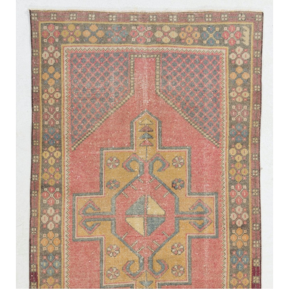 Vintage Handmade Turkish Village Rug, Soft Red, Mustard Yellow, Green, Gray