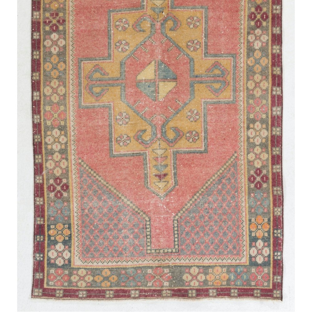 Vintage Handmade Turkish Village Rug, Soft Red, Mustard Yellow, Green, Gray