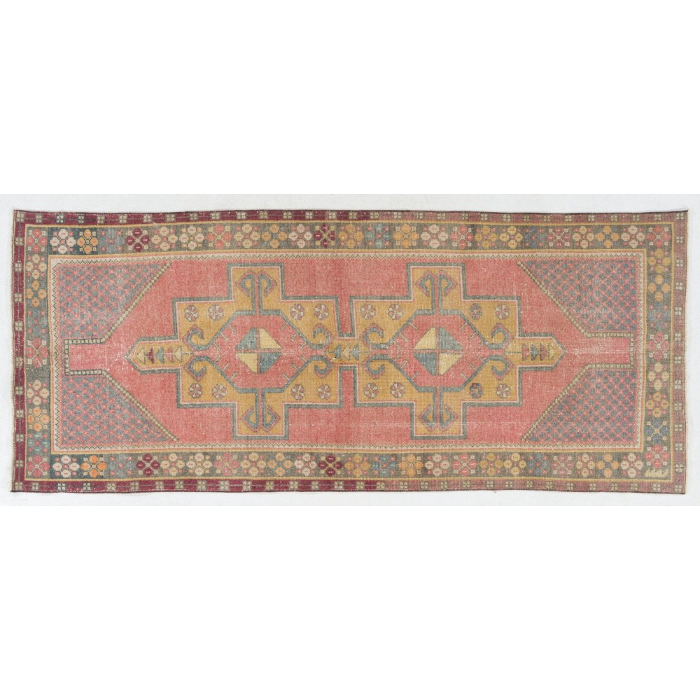 Vintage Handmade Turkish Village Rug, Soft Red, Mustard Yellow, Green, Gray