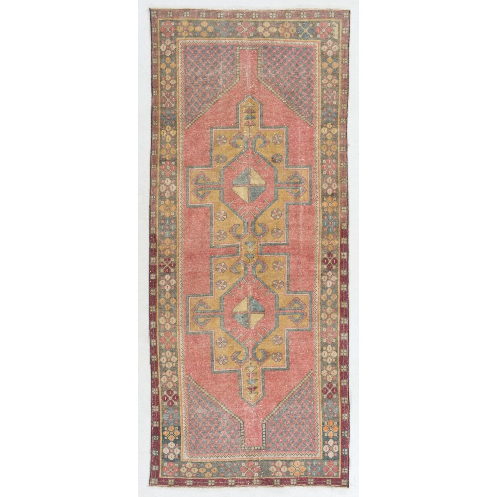 Vintage Handmade Turkish Village Rug, Soft Red, Mustard Yellow, Green, Gray