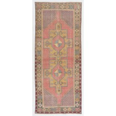 Vintage Handmade Turkish Village Rug, Soft Red, Mustard Yellow, Green, Gray
