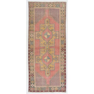 Vintage Handmade Turkish Village Rug, Soft Red, Mustard Yellow, Green, Gray