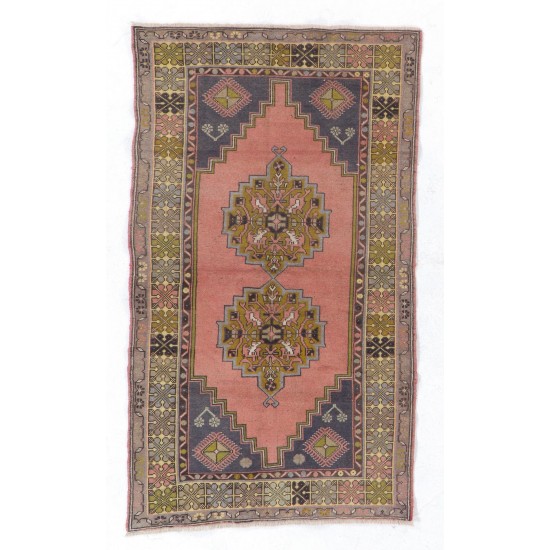 One-Of-a-Kind Midcentury Rug. Vintage Hand-Knotted Oriental Carpet. Wool Floor Covering