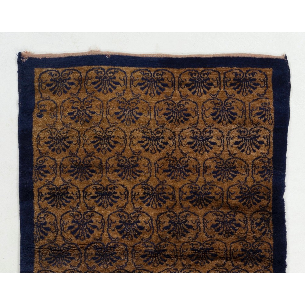 Vintage Hand Knotted One-of-a-Kind Turkish Tulu Wool Rug in Camel and Navy