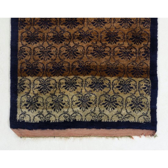 Vintage Hand Knotted One-of-a-Kind Turkish Tulu Wool Rug in Camel and Navy