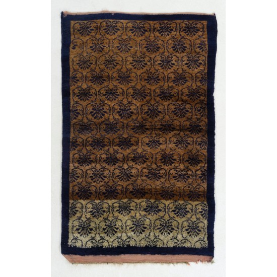 Vintage Hand Knotted One-of-a-Kind Turkish Tulu Wool Rug in Camel and Navy