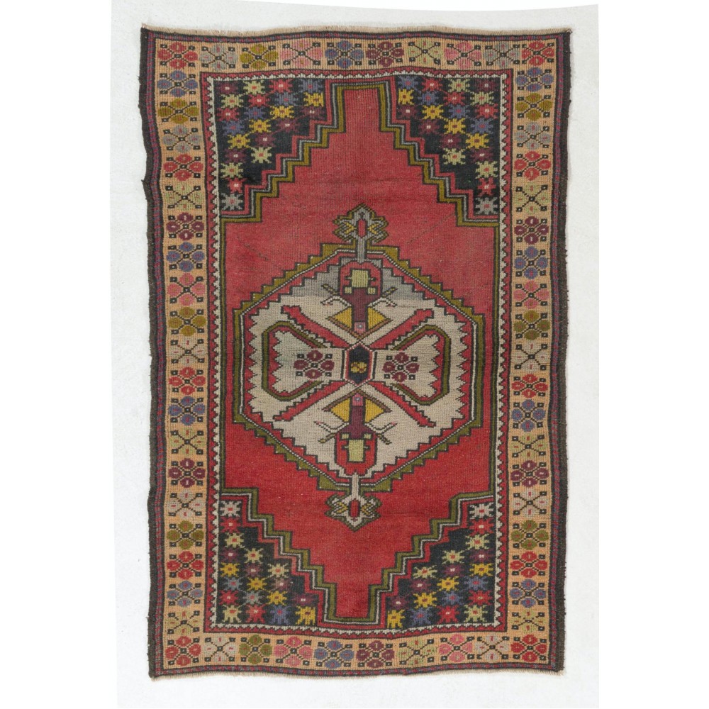 Vintage Traditional Anatolian Accent Rug with Pleasing Colors, circa 1950, Hand-Knotted Village Wool Carpet