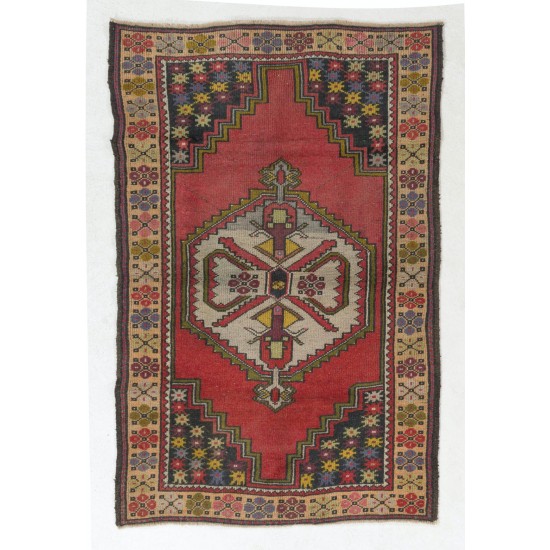 One-of-a-Kind Vintage Traditional Central Anatolian Accent Rug with Pleasing Colors, circa 1950, Hand-Knotted Village Wool Carpet