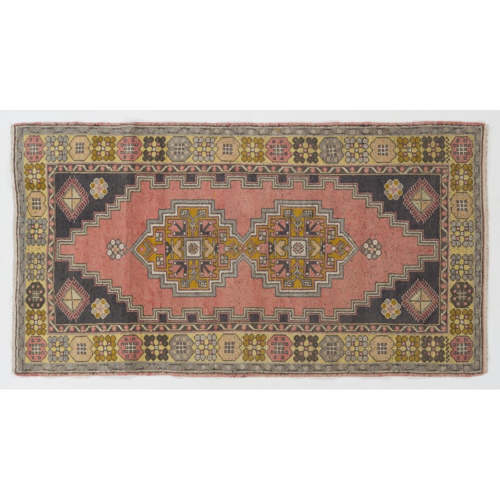 Vintage Hand Knotted Wool Turkish Area Rug with Geometric Design in Muted Colors