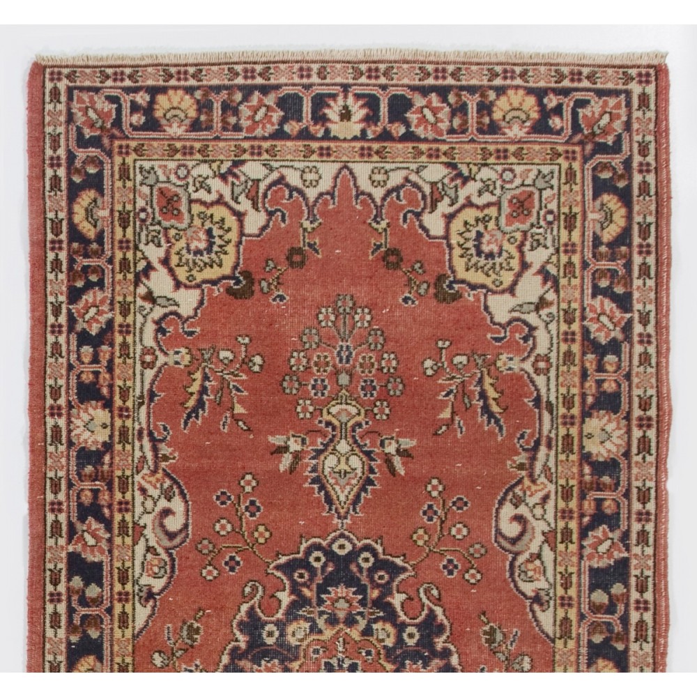 One-of-a-Kind Vintage Hand-Knotted Turkish Rug in Red and Ivory