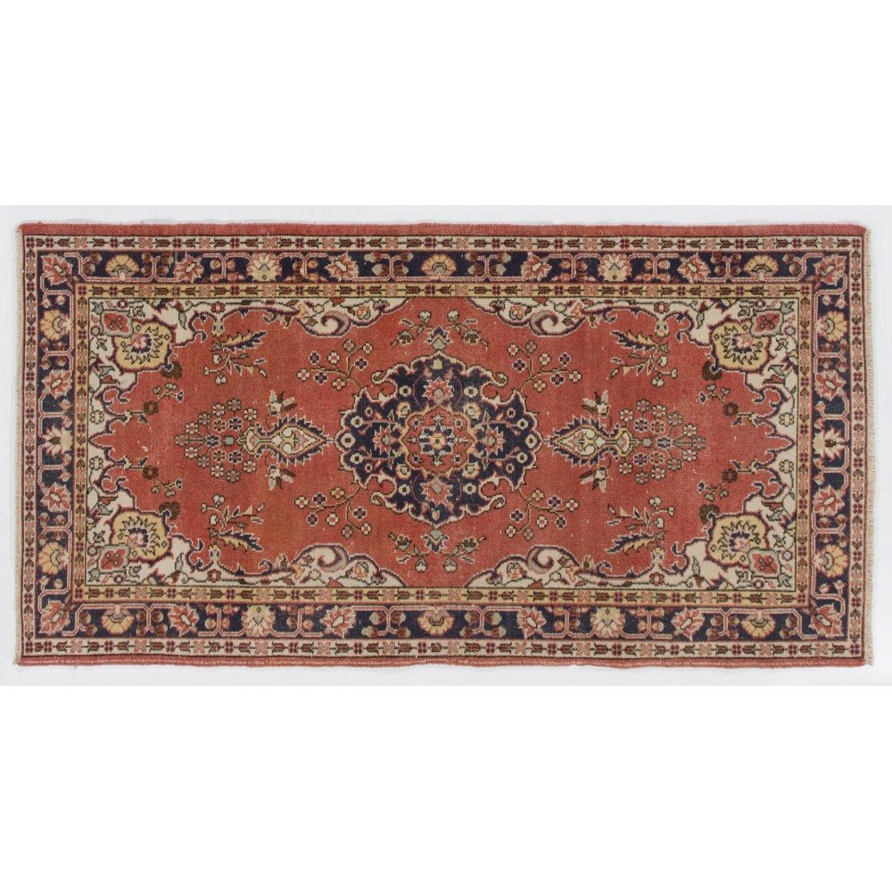 One-of-a-Kind Vintage Hand-Knotted Turkish Rug in Red and Ivory